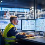 Vista de una sala tecnológica con videowalls y operadores en una planta energética