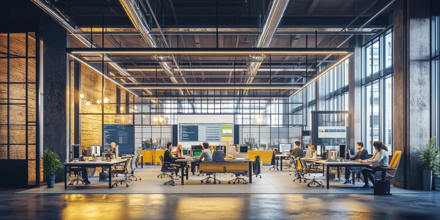 Vista panorámica de un espacio de colaboración industrial con diseño abierto, paredes de ladrillo, estaciones de trabajo compartidas y pantallas digitales, donde profesionales trabajan en un entorno colaborativo y tecnológico.