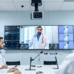 Sala de colaboraci&oacute;n hospitalaria con c&aacute;maras PTZ, micr&oacute;fonos profesionales, monitores cl&iacute;nicos y videoconferencia para trabajo h&iacute;brido.