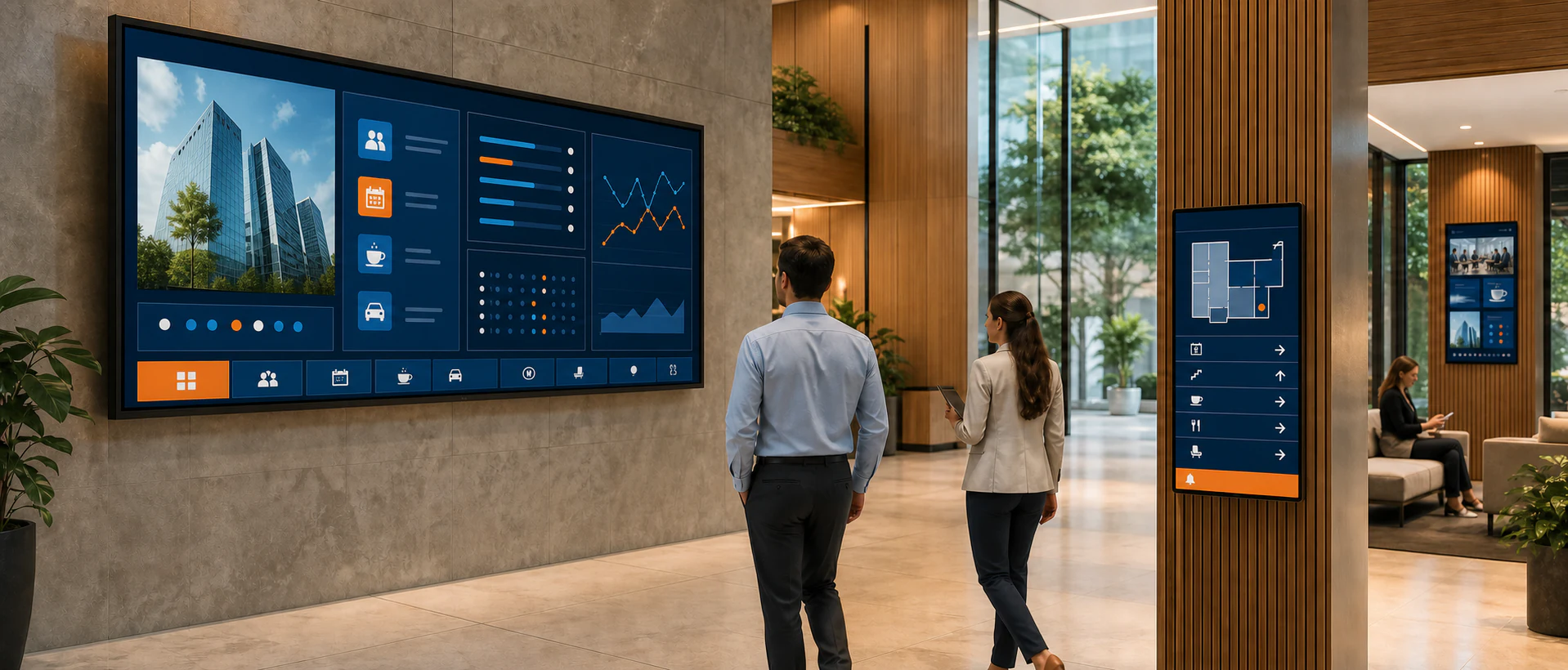 Profesionales consultando un sistema coordinado de cartelería digital en un lobby corporativo