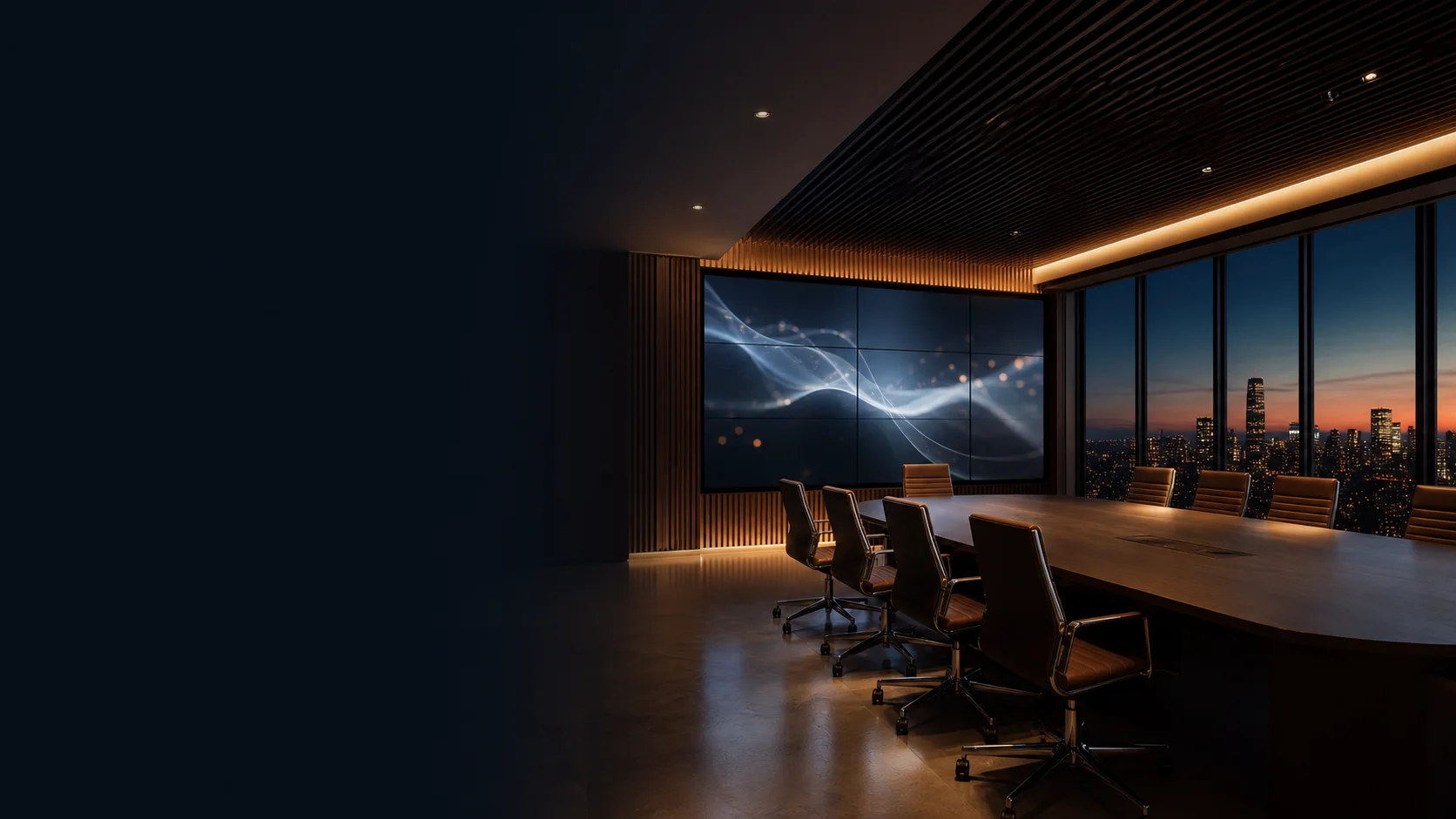 Sala de reunión corporativa durante una videoconferencia