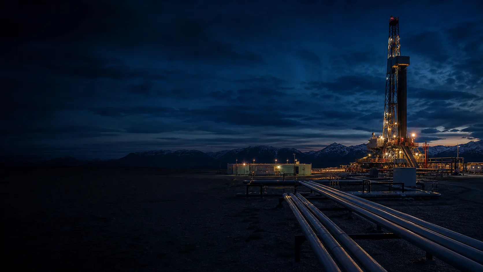 Equipo de perforación en un yacimiento de petróleo y gas al atardecer