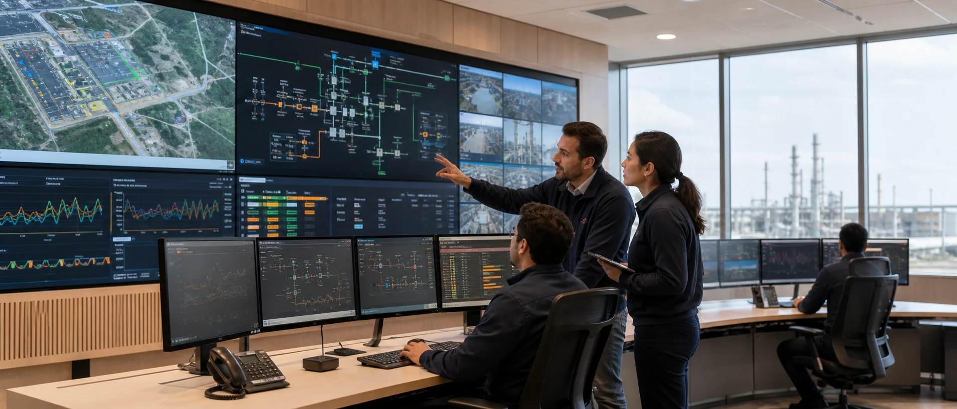 Equipo operativo coordinando una decisión frente a un videowall con información en tiempo real